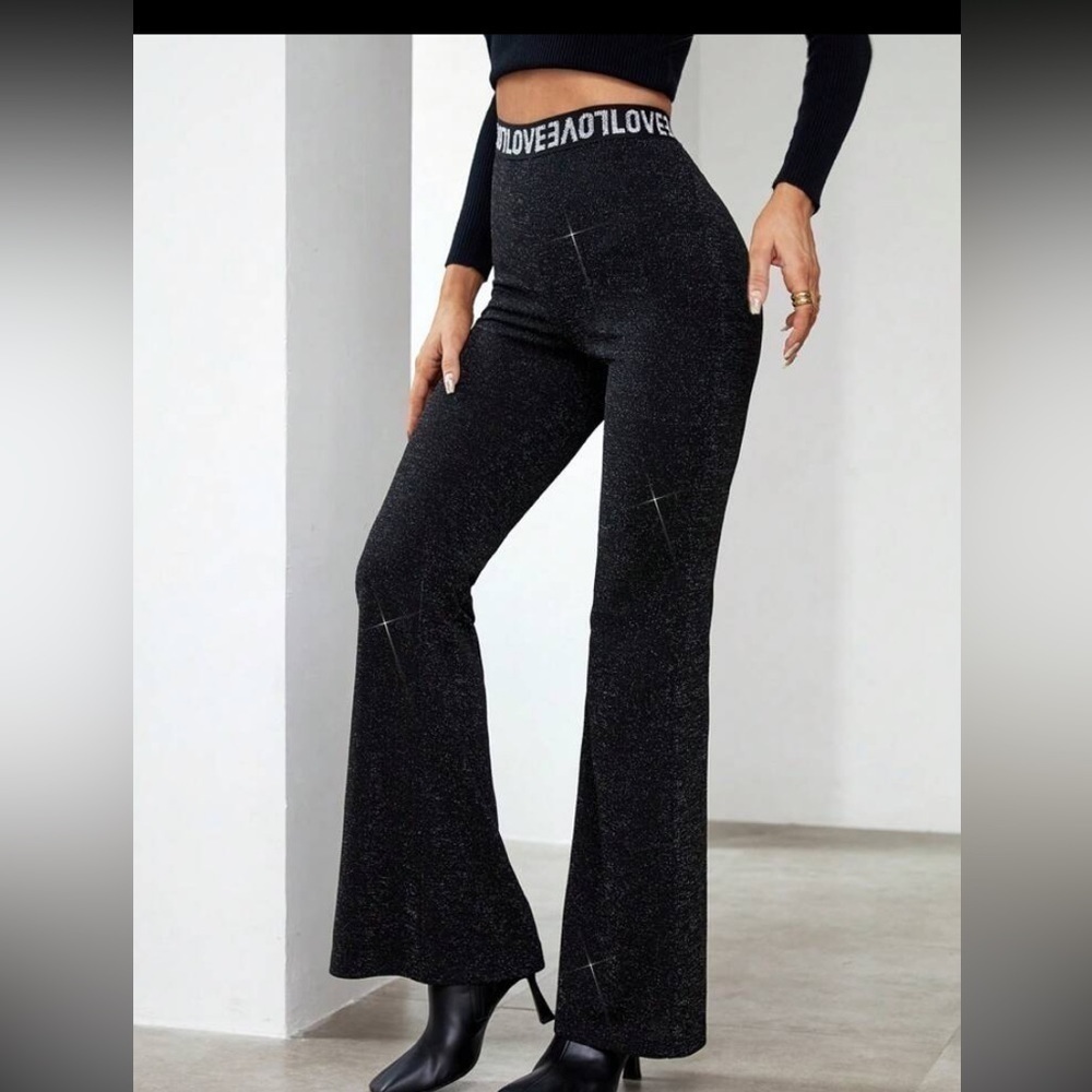SHEIN Privé Letter Graphic Flare Leg Lurex Metallic Pants black Sz XL